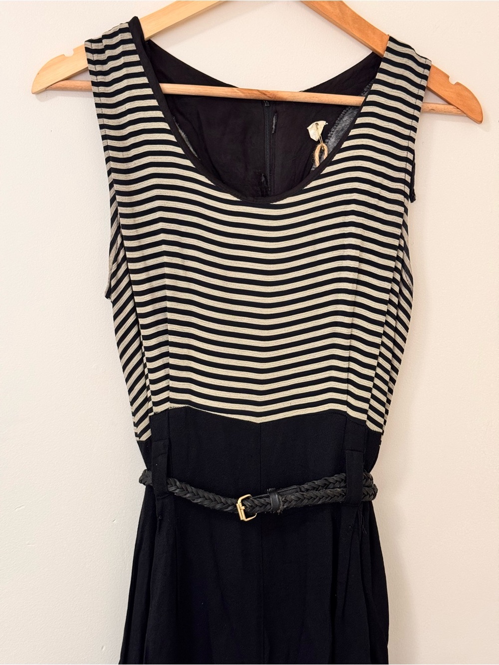Vintage Black & Striped Sleeveless Jumpsuit with Belt